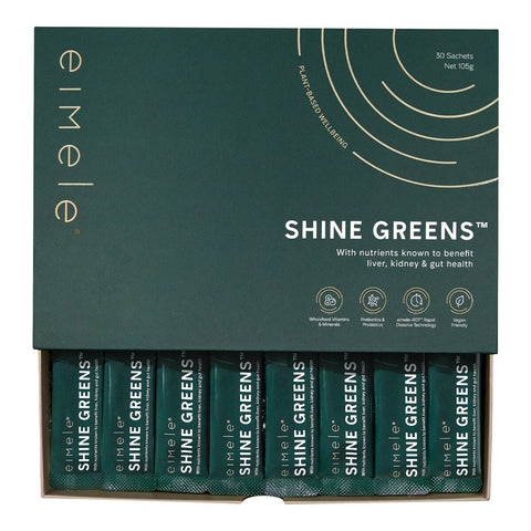 Open 30 sachet box eimele Shine Greens - Travel Pack, daily greens powder that supports liver, kidney, and gut health.