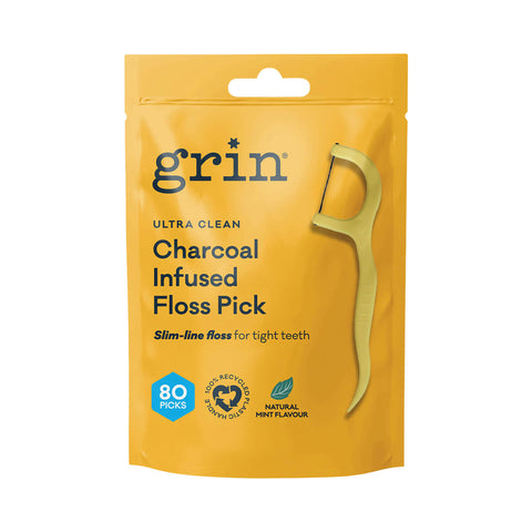 80 pack of Grin Ultra Clean Charcoal Infused Floss Picks made with 100% recycled plastic.