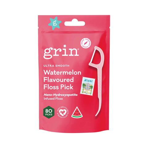 80 pack of Grin Ultra Smooth Watermelon Flavoured Floss Picks infused with nano-hydroxyapatite.