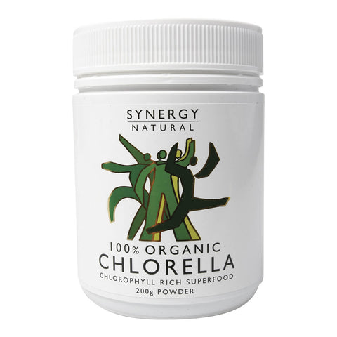 Container of Synergy Natural 100% Organic Chlorella 200g powder, chlorophyll rich superfood.